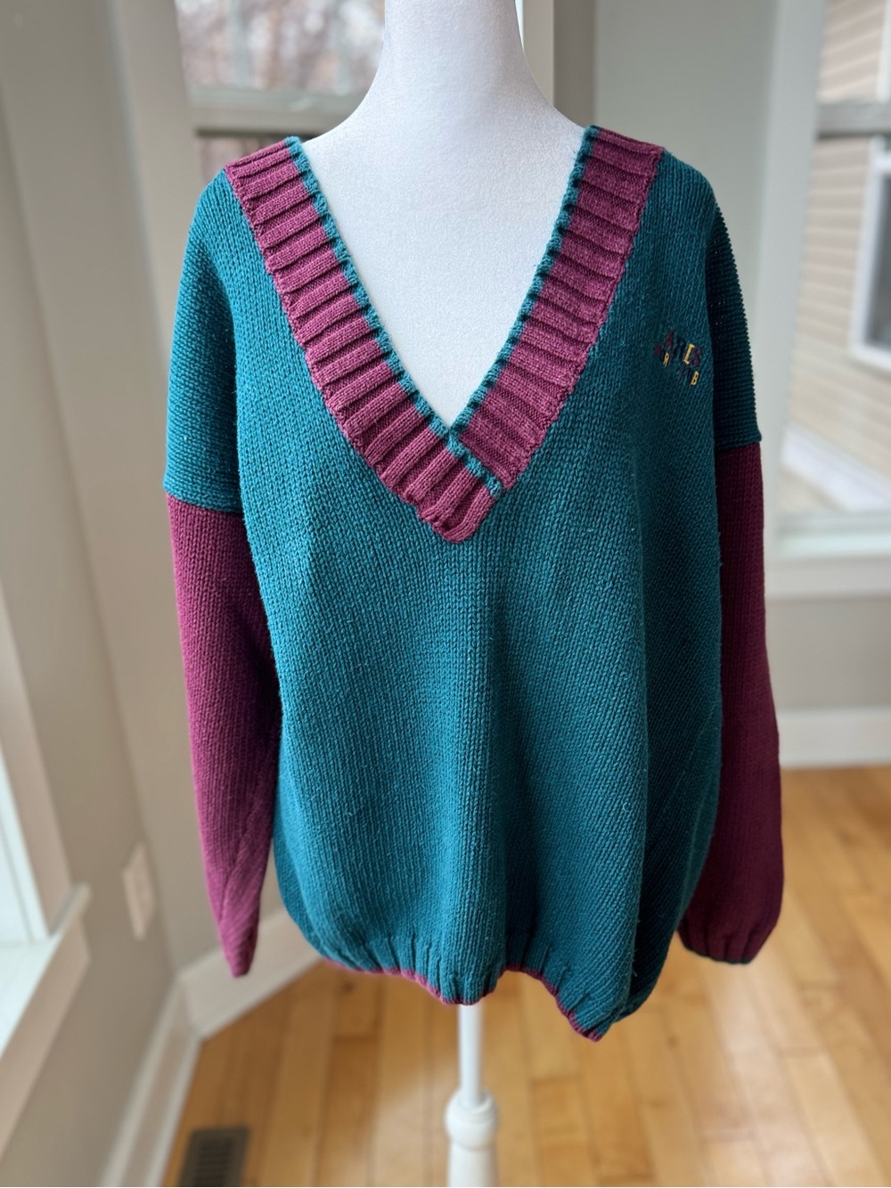 Vintage 80s 90s Paris Sport Club Teal Burgundy Cotton V Neck Tunic Sweater Sz L